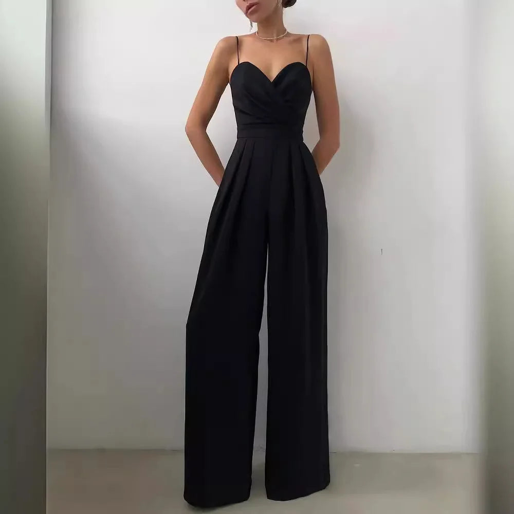 Summer Women's Sexy Sleeveless Spaghetti Jumpsuit Fashion Elegant Commuter High Waist Wide Leg Solid Color Casual Floor Pants.