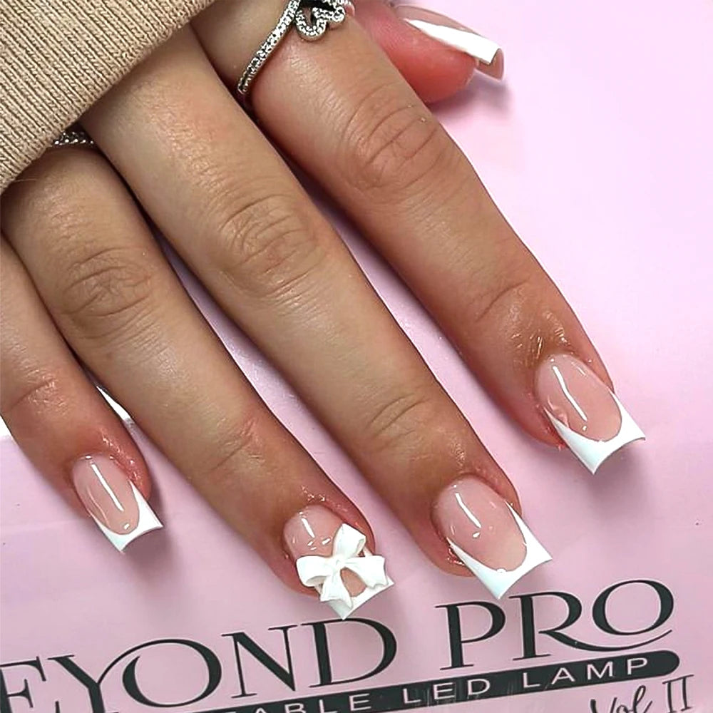 24Pcs White French Press On Nails 3D Bow Design Full Cover Wearable False Nails Short Square Head Ballet Fake Nails For Women.