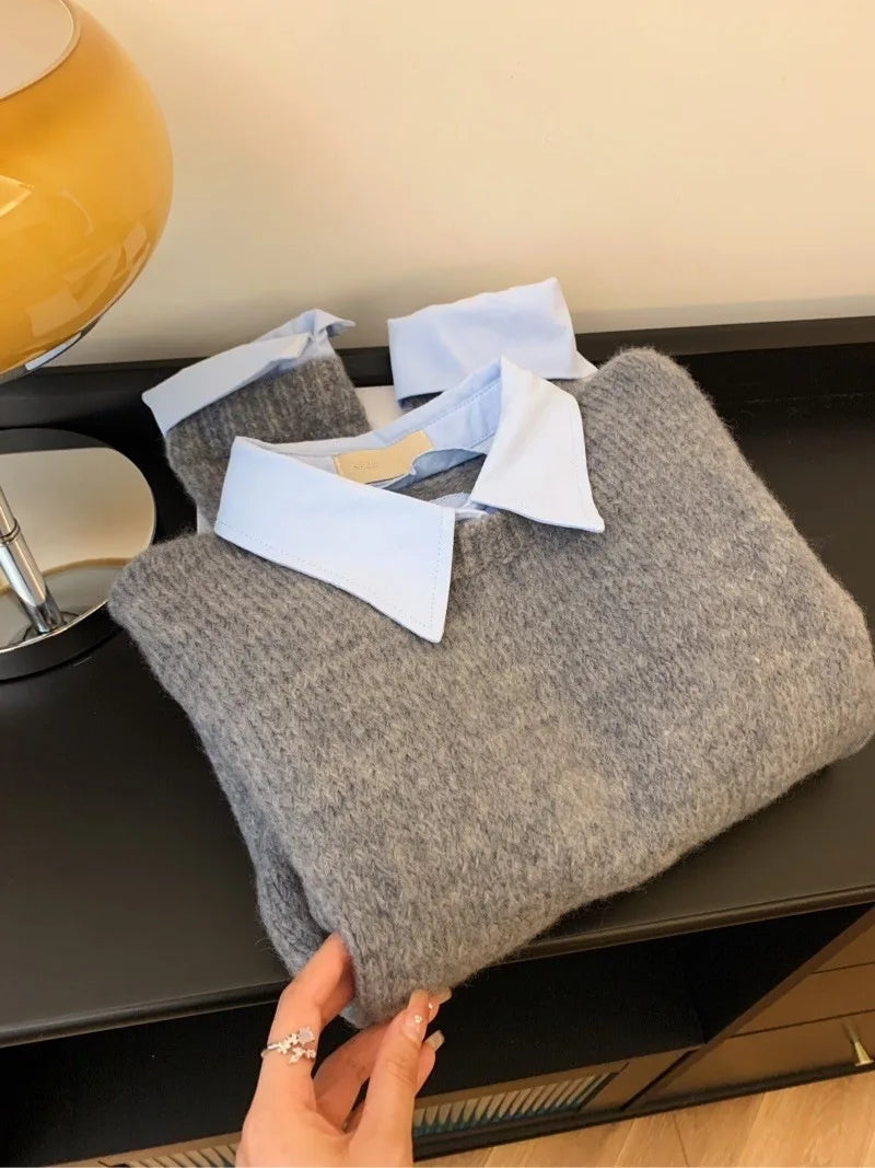 Gefälschte Zwei Shirts Kragen Pullover frauen Herbst Outfit Neue Lazy Linterior Kontrast Farbe Grau Stricken Pullover Top Mit Flip kragen.