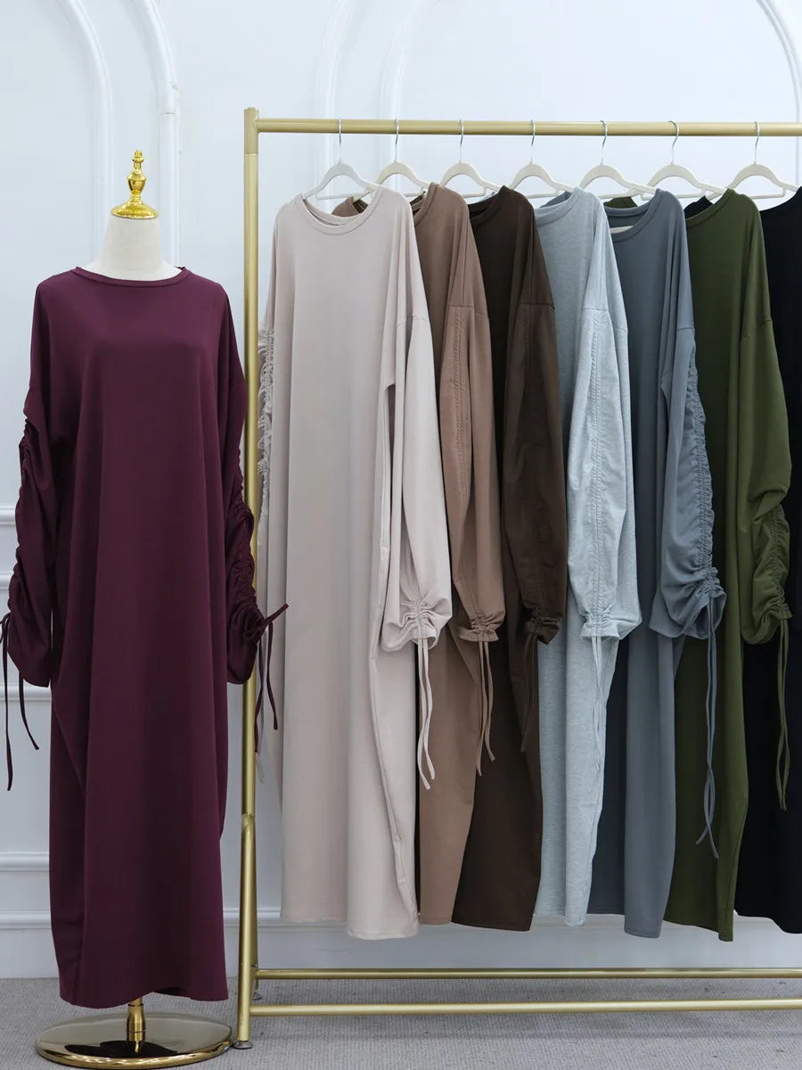 Muslim Women Arabic Dubai Abaya Drawstring sleeves Long Dress Modest Ramadan Kaftan Robe Femme musulmane Islam Clothing Kebaya.