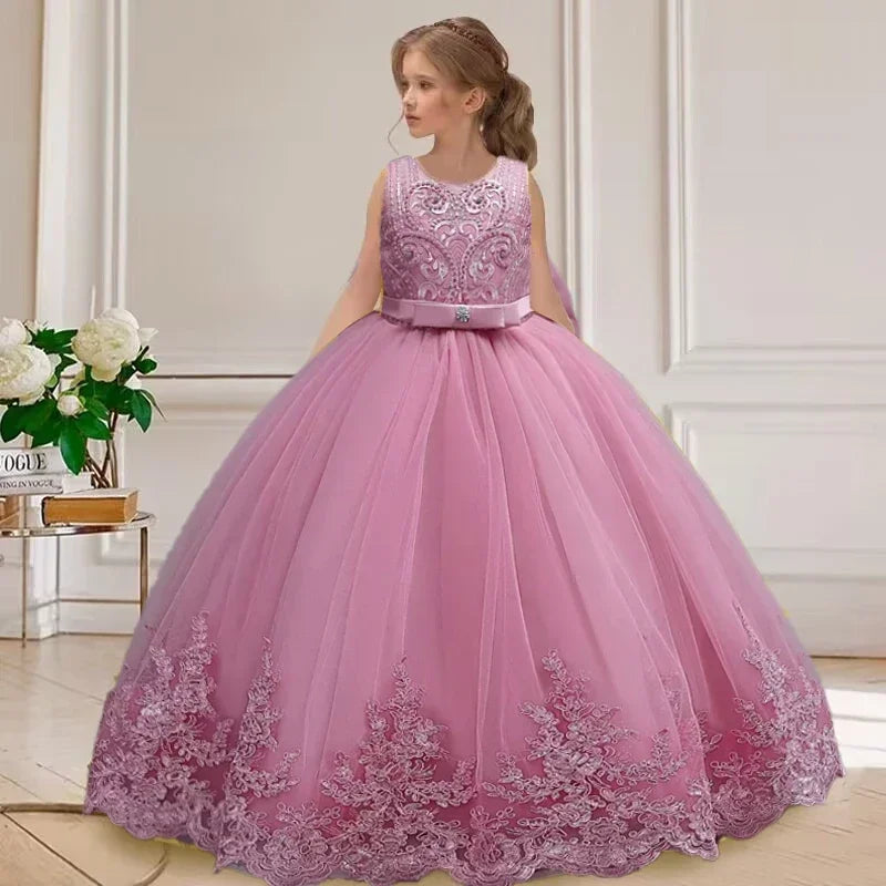 Gesticktes Mesh-Hochzeitskleid, Blumenmädchen-Performance-Mädchenkleid, 4–12 Jahre altes Mädchen-Prinzessinnenkleid mit großer Schleife.