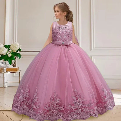 Gesticktes Mesh-Hochzeitskleid, Blumenmädchen-Performance-Mädchenkleid, 4–12 Jahre altes Mädchen-Prinzessinnenkleid mit großer Schleife.