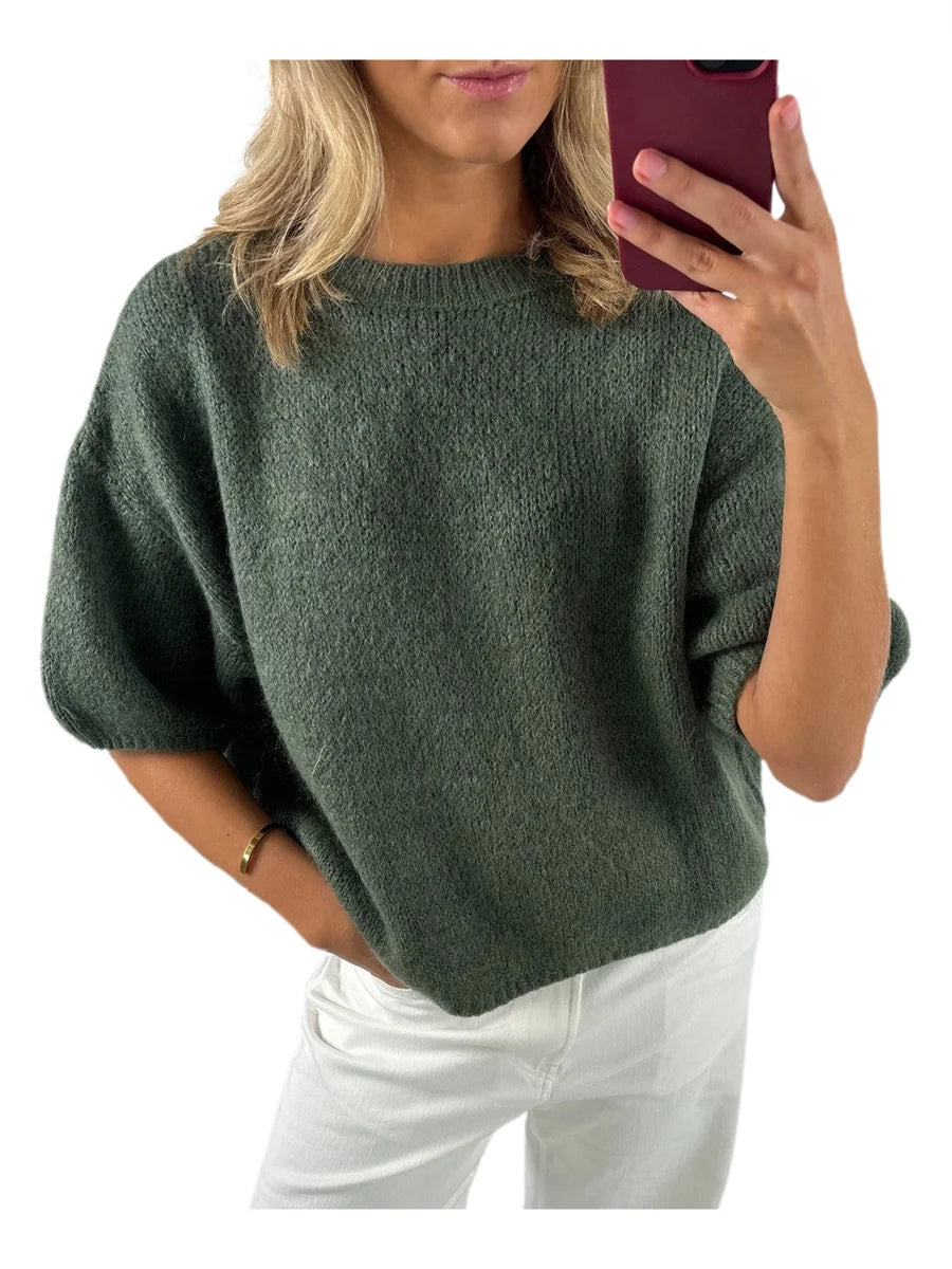 Damen Frühling Herbst Strickpullover Halbarm O Hals Einfarbig Lässige Strickwaren.