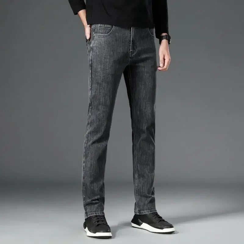 Loose Casual Jeans for Men Mid-aged Thick Winter Long Pants Business Style Straight Leg Spring Autumn Korean Version.