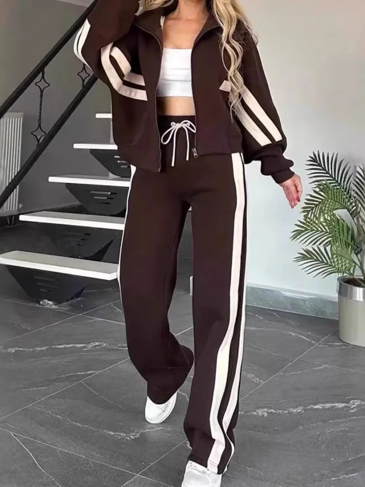 Fashion Striped Hoodie Set For Women Casual Long Sleeve Zip Tops+High Waist Wide Leg Pants 2 Piece Sets Lady Y2k Sports Clothes.
