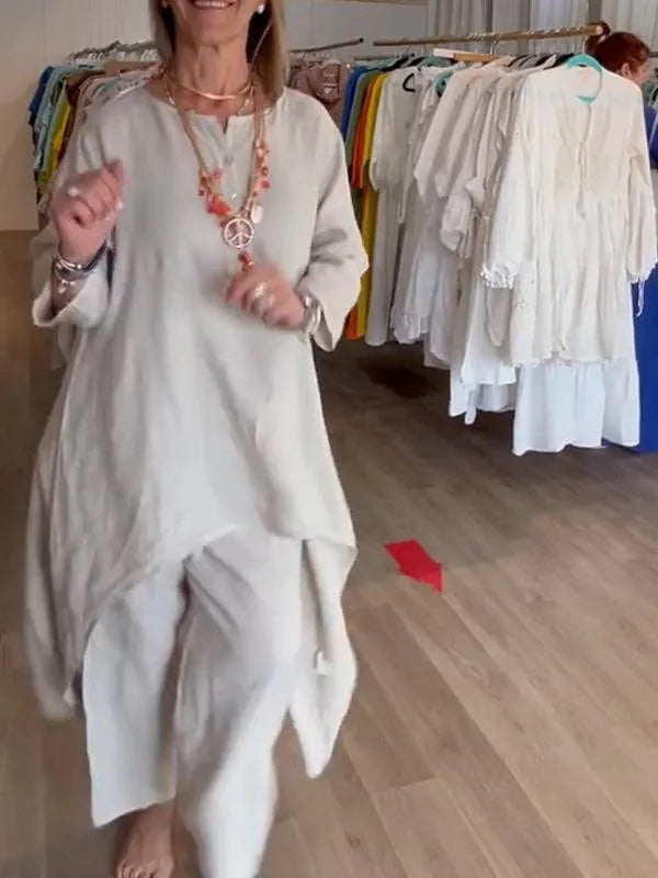 Spring Autumn Solid Color O Neck Seven-point Sleeve Long Women Suit Retro Casual Loose Seven-point Pants Cotton Linen 2piece Set.