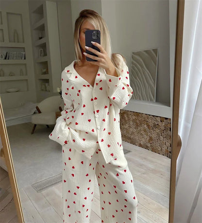 Sommer Neue Liebe Herz Druck Pyjama 100% Baumwolle Langarm Set 2Pcs Outfit Revers Nachtwäsche Taste Unten frauen pyjamas Nachtwäsche