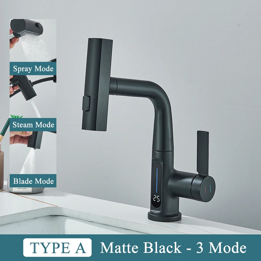 Waterfall Temperature Digital Display Basin Faucet Lift Up Down Stream Sprayer Hot Cold Water Sink Mixer Wash Tap For Bathroom