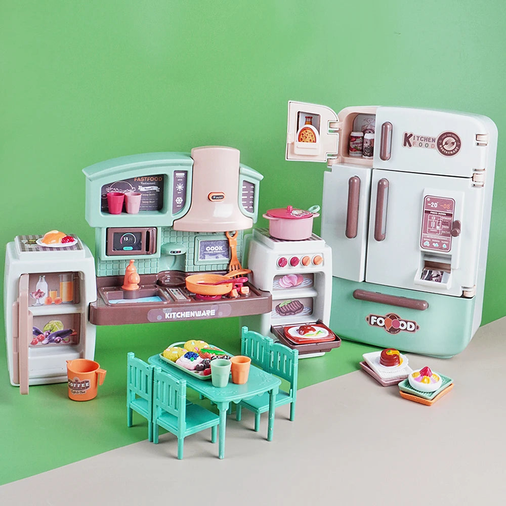 Miniature Mini Food Cooking Set Real Oven Realistic Meals Kids Kitchen Set Double Door Refrigerator With Music And Lights Play.