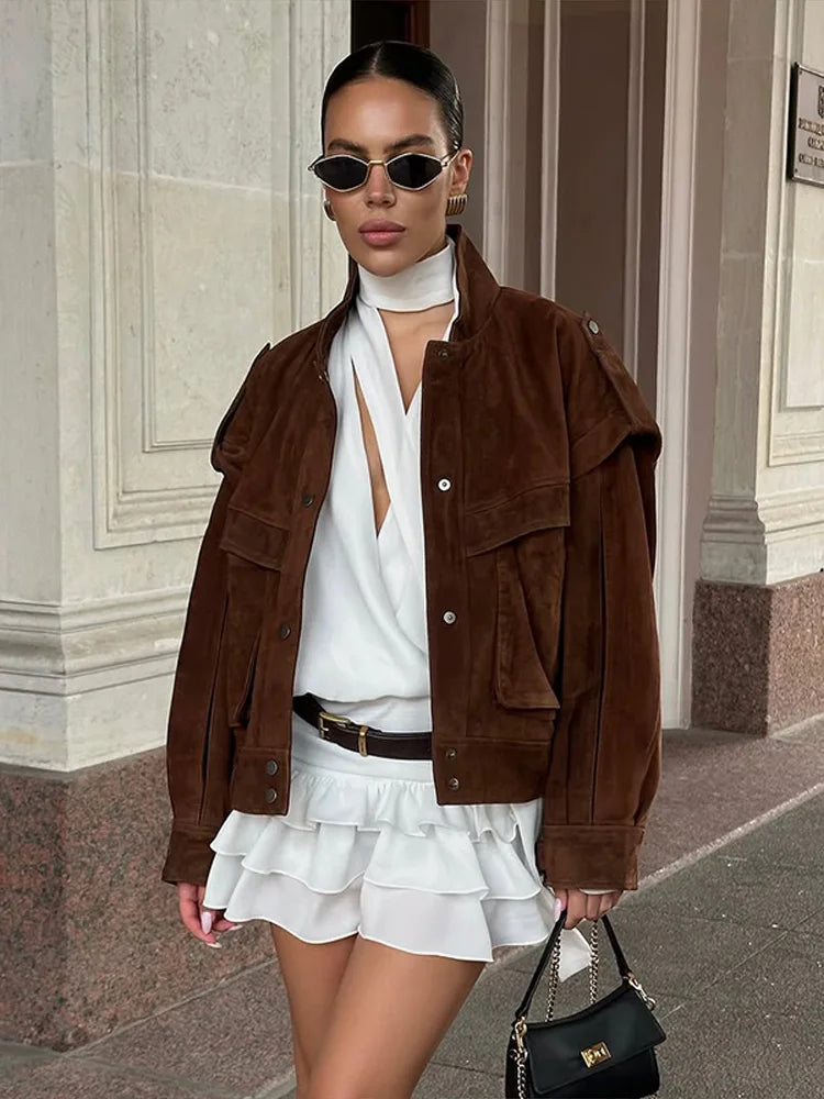 Wildleder Fleece Taschen Damen Jacken Mode Einreiher Langarm Mäntel Lose Gerade Kurze Tops Herbst Warme Kleidung.