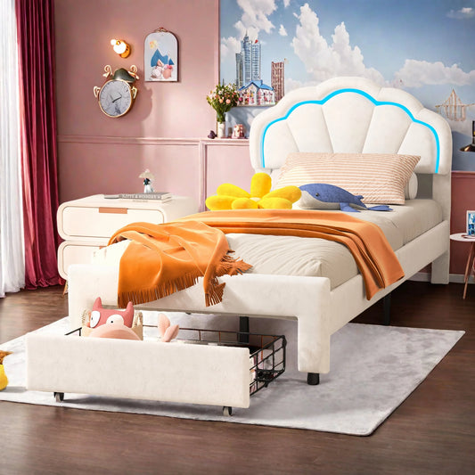 Rosahqnda gepolsterter Bettrahmen mit blumenförmigem Kopfteil, Bettrahmen, Einzelbett, Blütenblattbett, Jugendbett für Jungen und Mädchen