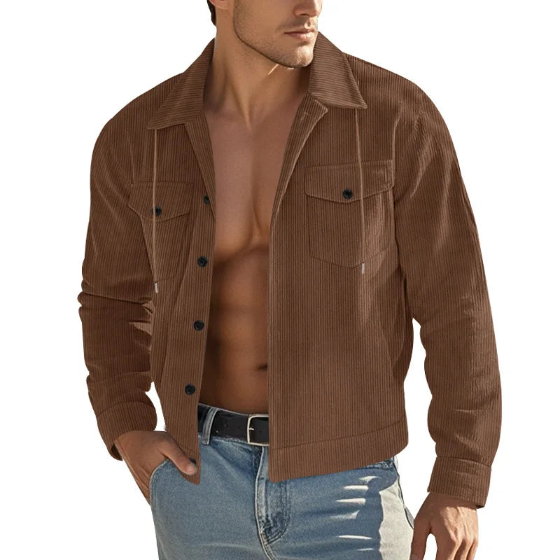 Men's Corduroy Jacket Stand-up Collar Slim Fit Retro Multi-pocket Workwear Commuter Coat for Spring And Autumn