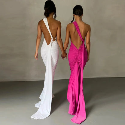 Mozision Schräge Schulter Backless Maxi Kleid Für Frauen Kleid Sommer Zurück Strap Ärmellose Geraffte Party Sexy Langes Kleid Vestidos.