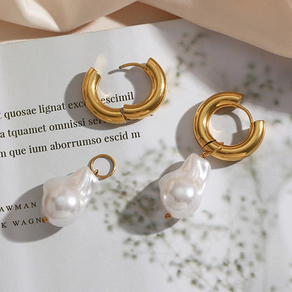 Europe and America Vintage Metal Round Ear Buckle for Women Baroque Pearl Dangle Earrings Luxury Elgent Jewelry Gifts.