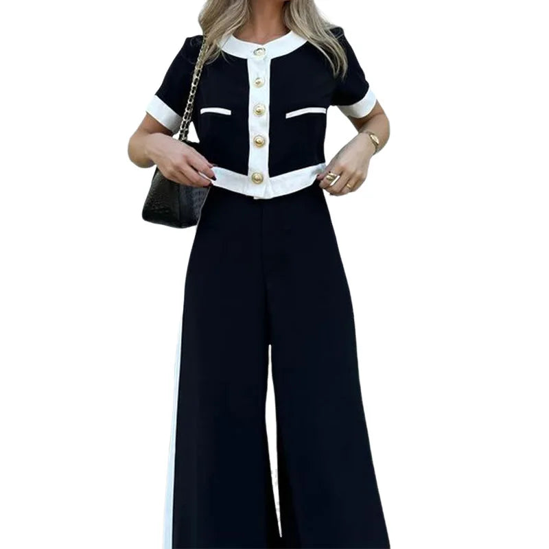 Fashion New Two Piece Set Women's Round Neck Short Sleeve Patchwork Singe Breasted Button Top Loose Wide Legs Pants Sets Women.