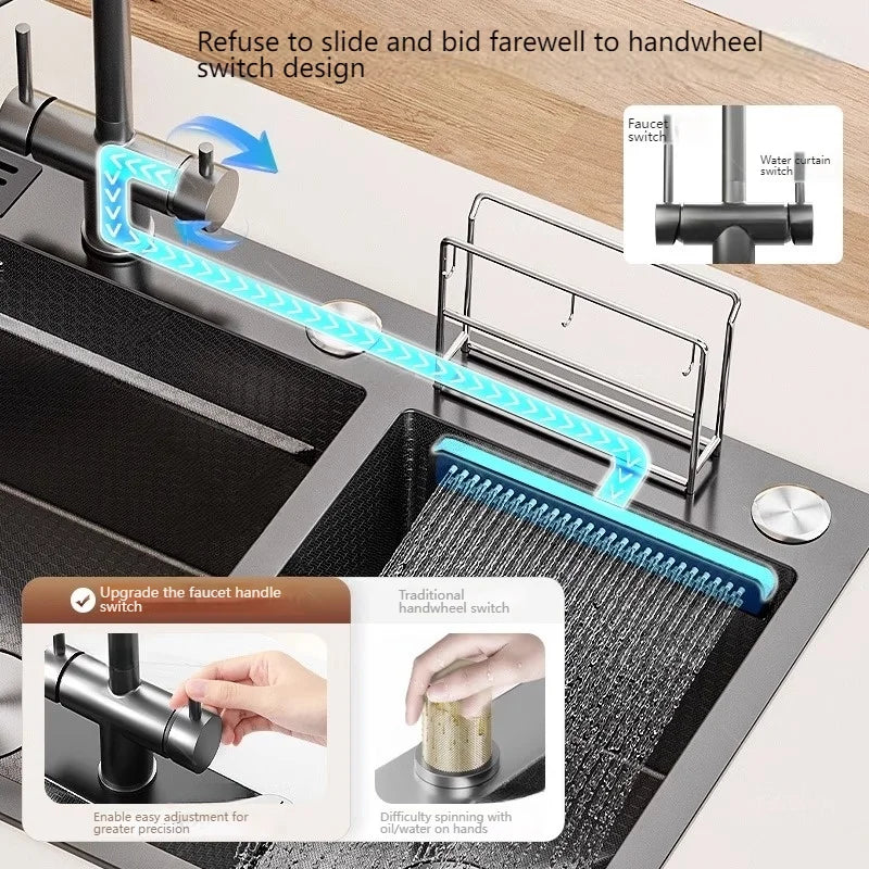 Waterfall Kitchen Sink Stainless Steel Large Double Slot With Chopping Board Rack Knife Holder Multifunctional Dishwash Basin