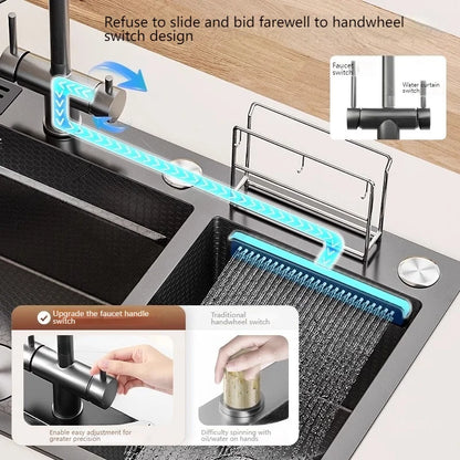 Waterfall Kitchen Sink Stainless Steel Large Double Slot With Chopping Board Rack Knife Holder Multifunctional Dishwash Basin