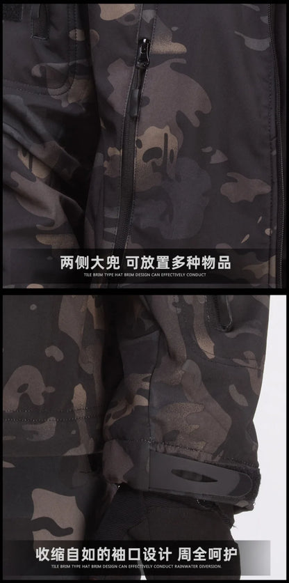 Mens Winter Outdoor Oversized Softshell Jackets Waterproof Zipper Hunting Clothes Fleece Lining Windbreaker Tactical Pocket Coat.