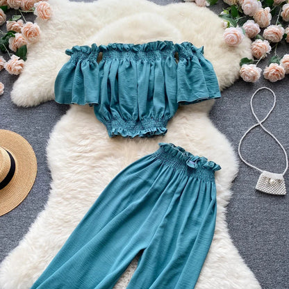 2024 Summer Green/Black/Red Two Piece Set Women Sexy Slash Neck Short Tops + High Waist Wide Leg Pants Female Suit New