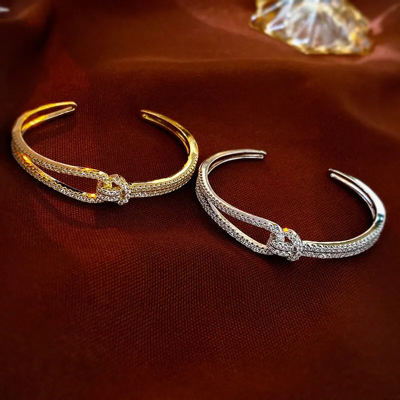 Exquisite Full Zircon Cuff Bracelets Gold Plating Copper Knot Opening Bracelet Minimalist Women's Bangle For Wedding Party.