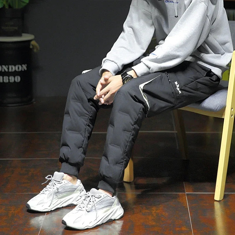Men's Winter Pants Duck Down Padded Pants Thick Warm Black Loose Jogger Windproof High Waist Elastic Thermal Down Trouser Male.