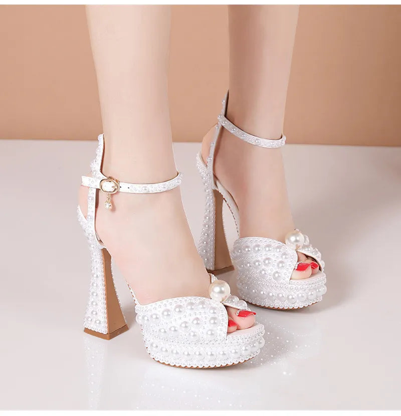 Summer Beaded Thick Heeled Women Gladiator Sandals Luxury Pearls Platform Wedges 14cm High heels Fashion Wedding Banquet Shoes.