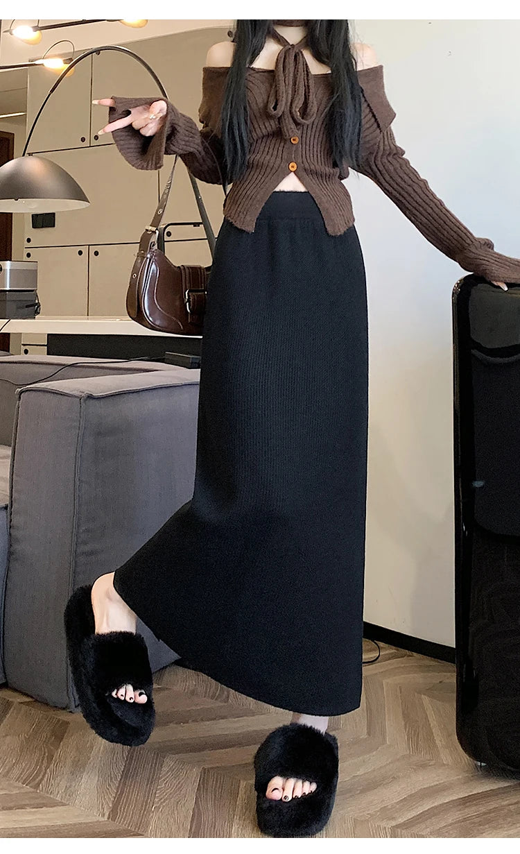 2025 New Thick Knit Midi Skirt High Waisted Straight Hem Bodycon Pencil Skirts for Petite Women Cozy Fall Winter Fashion.