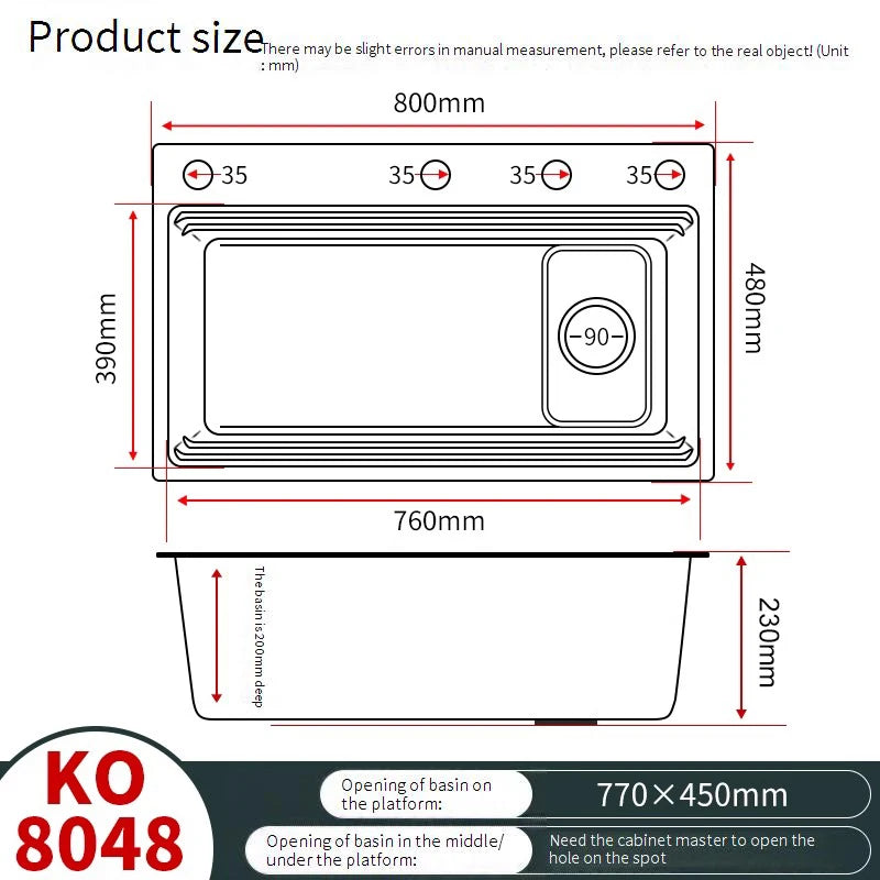 Stainless steel Kitchen Sink Thick Embossed Large Single Slot vegetable washbasin Dishwashing Sink Undermount Basin