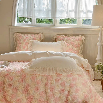 Three-Dimensional Rose Flowers Lace Ruffles Princess Wedding Bedding Set Warm Milk Velvet Duvet Cover Bed Sheet Pillowcases 4Pcs.