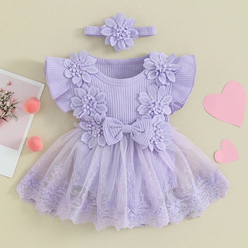 Visgogo Neugeborenen Baby Stram pler Kleid 2 Stück Outfits Mesh Spitze Patchwork Rüschen Bodysuit und Stirnband süße Sommerkleid ung.