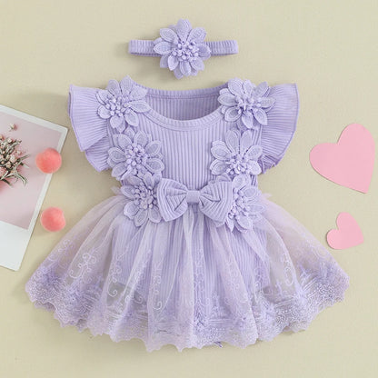 Visgogo Neugeborenen Baby Stram pler Kleid 2 Stück Outfits Mesh Spitze Patchwork Rüschen Bodysuit und Stirnband süße Sommerkleid ung.