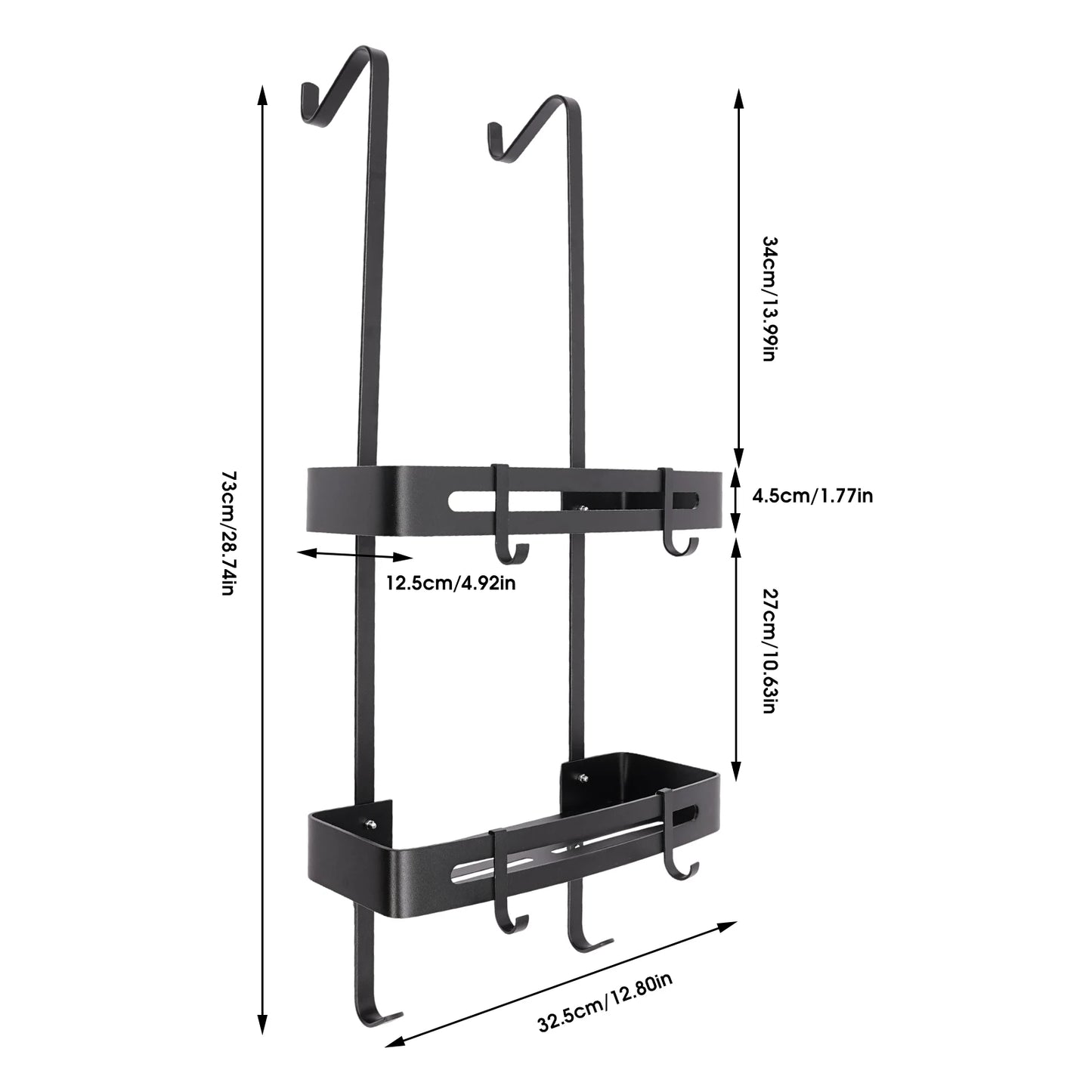 2-stufiges Badezimmerregal, hängendes Duschregal, silberfarbenes/schwarzes Regal, 6 Haken für Badezimmer, Küche, Wohnzimmer