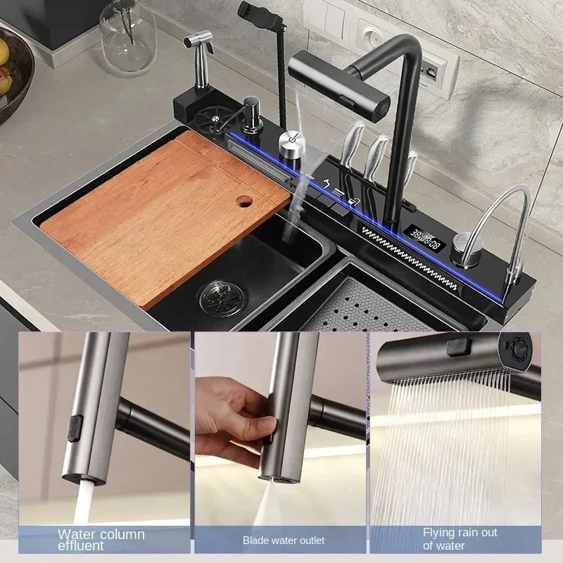 Großes Einzelschlitz-Wasserfallspülbecken aus Edelstahl 304, Digitalanzeige, geprägtes Waschbecken, Haushaltswaschbecken