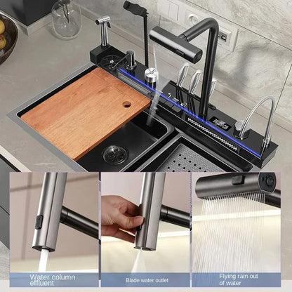 Großes Einzelschlitz-Wasserfallspülbecken aus Edelstahl 304, Digitalanzeige, geprägtes Waschbecken, Haushaltswaschbecken