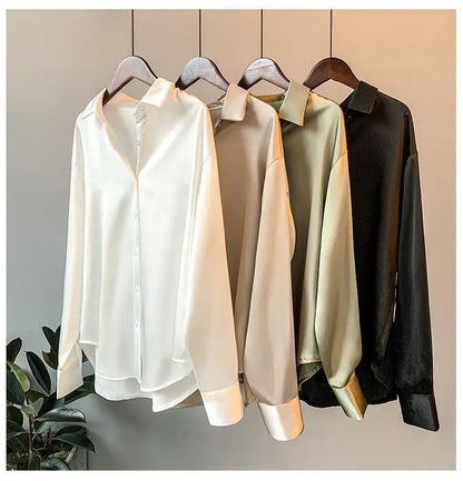 1pcs Woman Spring Autumn Satin Shirt Lady Long Sleeve Lapel Blouses Cardigans Elegance Sweet Casual Coats Girl Sunscreen Top.