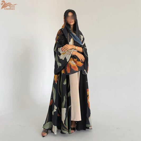 Uni Dubai Fashion Floral Print Open Abaya Muslim Elegant Cardigan With Hijab Scarf 2025 Feminine Clothes.