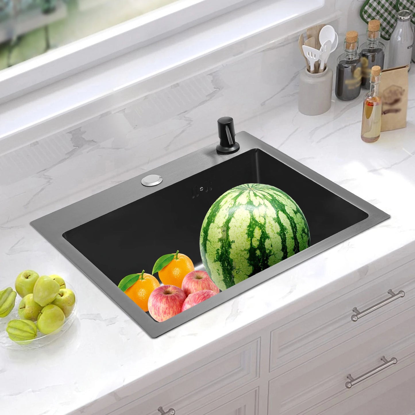 Großes schwarzes Abtropfgestell für die Küche, Küchenspüle aus Edelstahl mit Abtropffläche, Gemüse-Doppelbecken mit Seifenspender