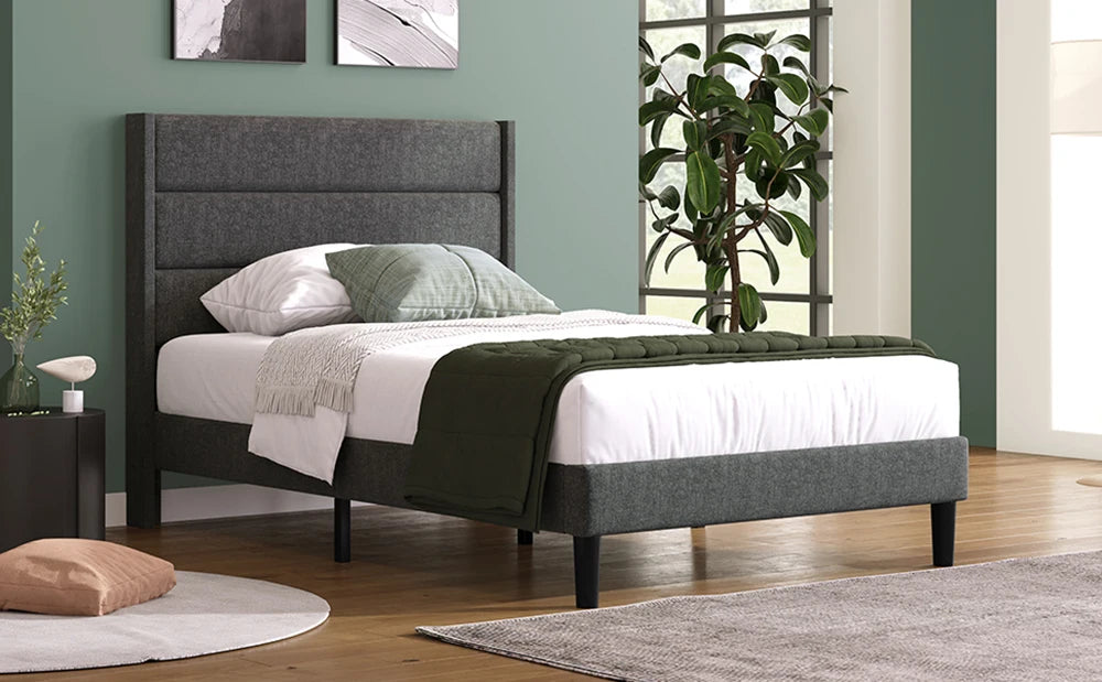 KOMHTOM Polsterbett 90 x 200 cm, Bettgestell mit Lattenrost & Kopfteil, gepolstertes Doppelbett, Textilbezug Leinen in Grau