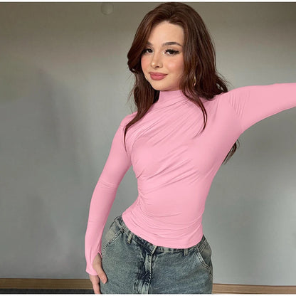 Women Tees Sexy Turtleneck Long Sleeve Pleated All-match Basic Lady T-shirts 2025 Spring Autumn Fashion Chic Female Streetwears.