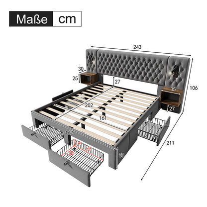 KOMHTOM Polsterbett mit 2 Nachttischen und 4 Schubladen, Kopfteil Leselicht mit USB-Ladefunktion, Samt (Ohne Matratze)