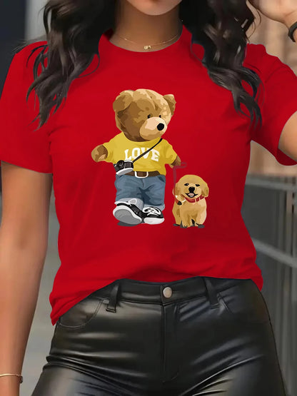 Summer and Spring Women's Short sleeved Round Neck Casual Top T-shirt with Teddy Bear Pattern.