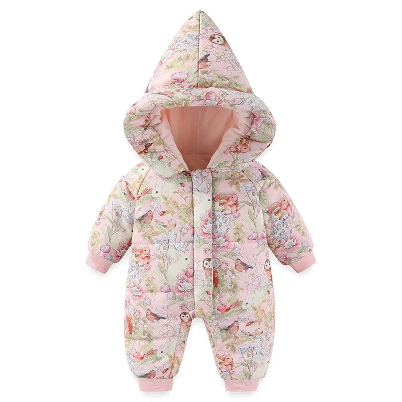 Body für Neugeborene und Mädchen, verdickter, wasserdichter, bedruckter Schneeanzug, 0–24 Monate, Kleinkind-Jungen-Overall mit Kapuze, warmes Winter-Einteiler-Outfit.