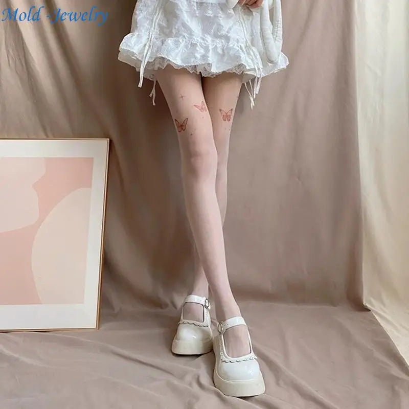 69HB Women Butterfly Stripe Pantyhose JK Sweet Thin Silky Tights Stockings.