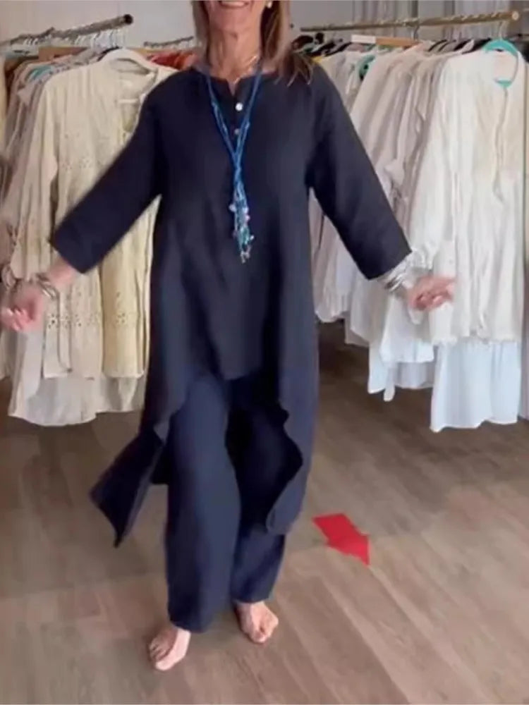 Spring Autumn Solid Color O Neck Seven-point Sleeve Long Women Suit Retro Casual Loose Seven-point Pants Cotton Linen 2piece Set.