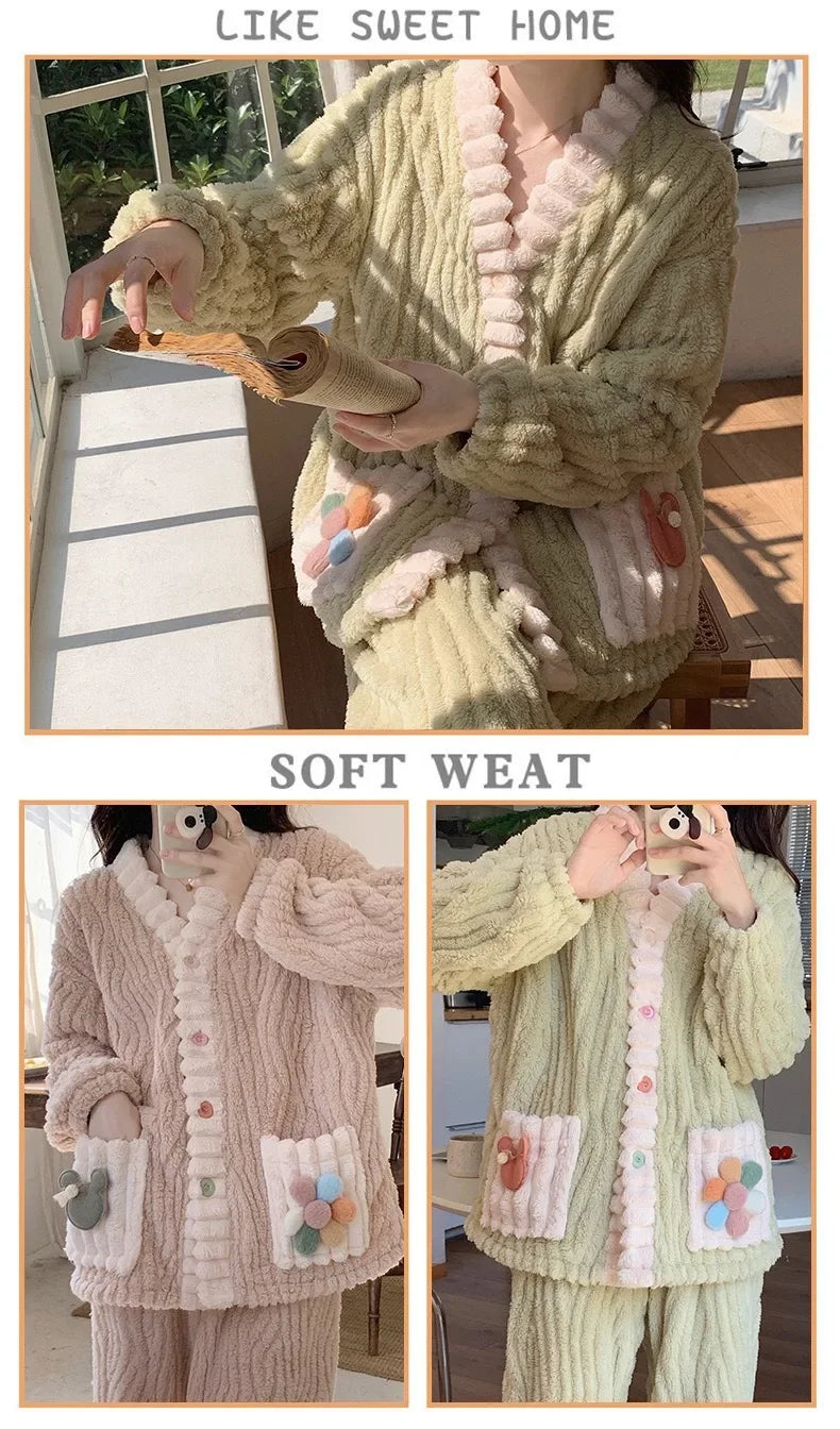 Verdickte Warme Flanell Frauen Nachtwäsche Loungewear Strickjacke Anzug Winter Süße Kawaii Weiche Fee Wind Damen Pyjamas Homewear.