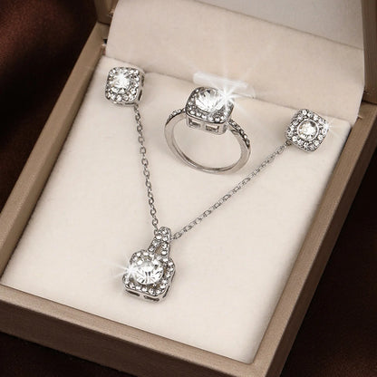3Pcs/set Fashion Square Zircon Necklace Earrings Ring For Women Luxury Wedding Engagement Jewelry Shining Party Jewelry Gifts.