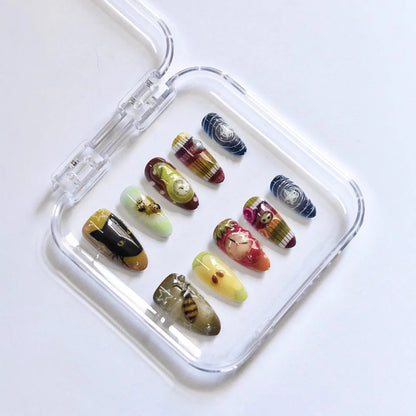 10pcs Handmade Press on Nails Cartoon Shark Pattern Design Fake Nails Wearable Detachable Ins Simple Almond Shaped False Nails.