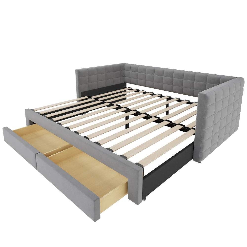 3-in-1 ausziehbares Schlafsofa 90 x 190 cm, Multifunktionsbett mit Schubladen, Einzel-/Doppelbett, Baumwolle und Leinen (Matratze nicht im Lieferumfang enthalten)