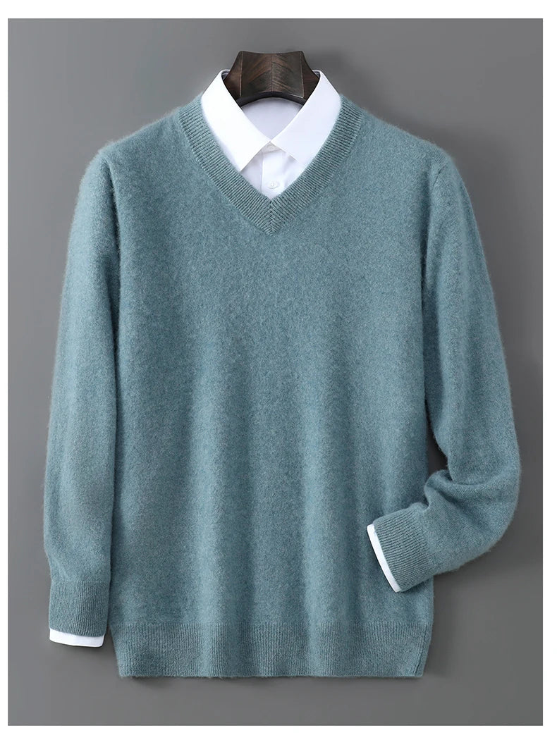 2025 Autumn Winter New Men's Wool Sweater Solid Color V-Neck Pullover Sweater Casual Loose Business Knit Plus Size Base Sweaters.