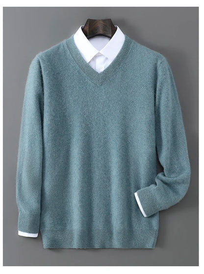 2025 Autumn Winter New Men's Wool Sweater Solid Color V-Neck Pullover Sweater Casual Loose Business Knit Plus Size Base Sweaters.
